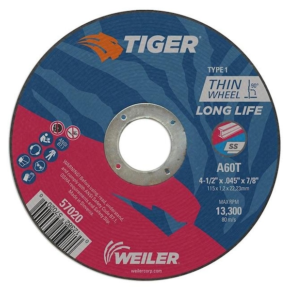 Weiler Weiler 804-57020 4.5 x .045 x 875 in. Tiger Type 1 Thin Cutting Wheel; A60T; Pack of 25 804-57020 - main